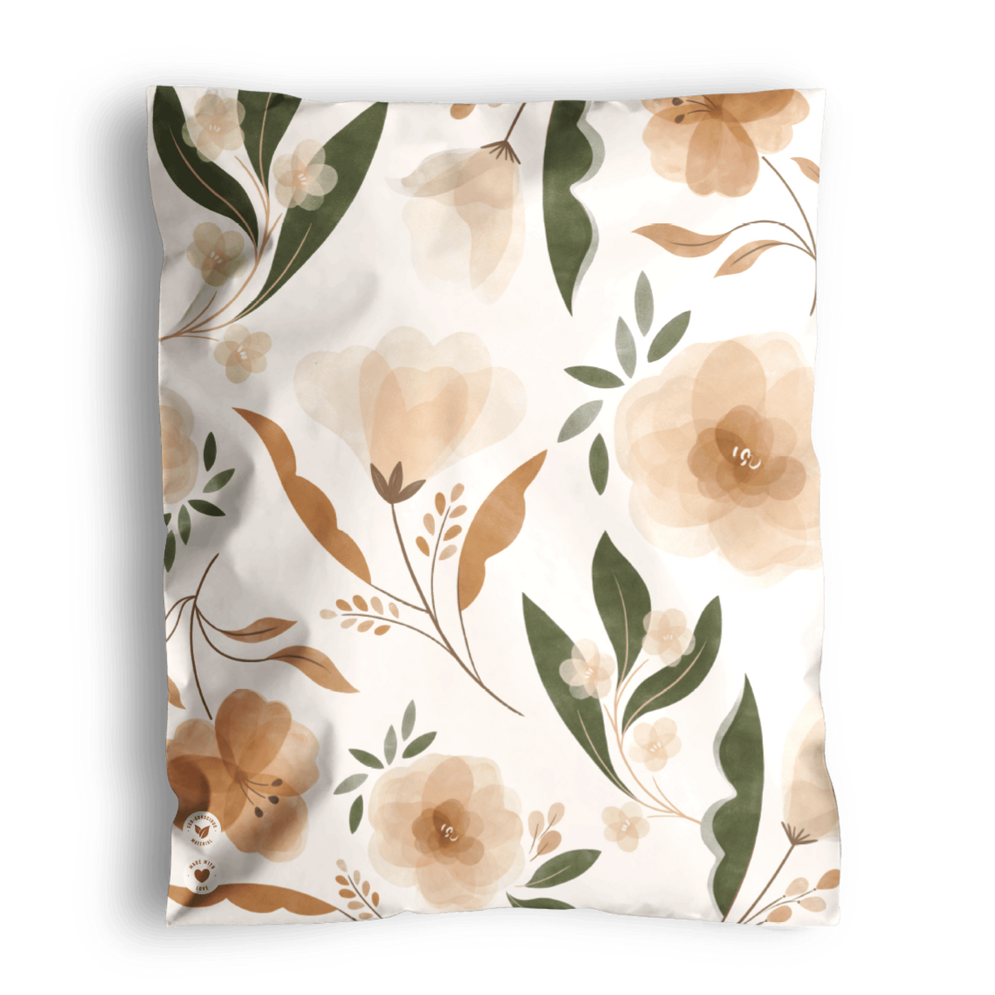 A Camelia Bloom Biodegradable Mailers 10" x 13" blanket with a folded corner displaying a watermark, shipped in recyclable mailer bags from impack.co.