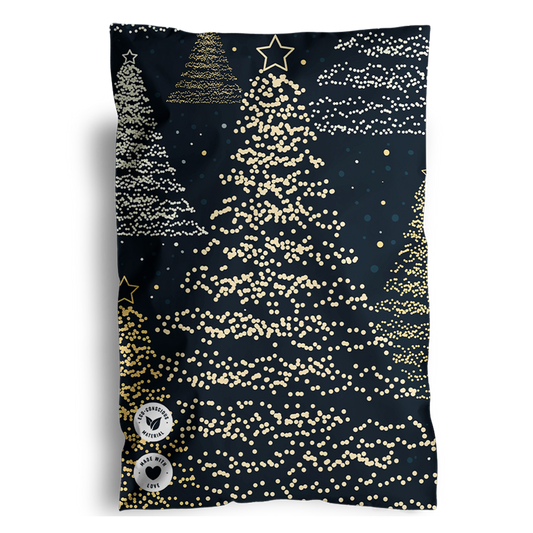 An elegant holiday shipping brochure with a torn edge, displaying a stylized impack.co Christmas Tree Biodegradable Mailers 6" x 9" design created from golden dots.