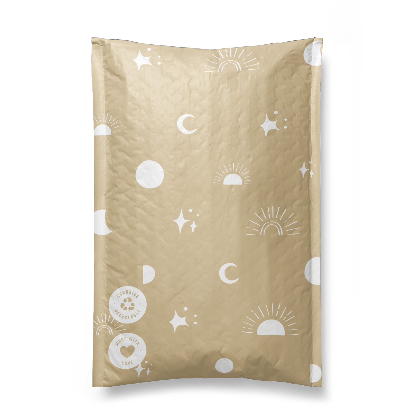 Illustration on impack.co Celestial Padded Paper Mailers 6" x 9" with celestial patterns including stars, moons, and suns, featuring a dripping black ink effect on the top right corner.