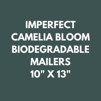 Text on a dark green background reads: "Imperfect Camelia Bloom Biodegradable Mailers 10'' x 13'' US by impack.co"—an eco-friendly option now available at a discounted price.