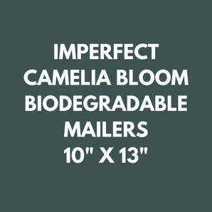 Text on a dark green background reads: "Imperfect Camelia Bloom Biodegradable Mailers 10'' x 13'' US by impack.co"—an eco-friendly option now available at a discounted price.