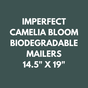 Text reads: "Imperfect Camelia Bloom Biodegradable Mailers 14.5'' x 19'' - US" by impack.co on a dark green background, featuring discounted, eco-friendly shipping supplies.