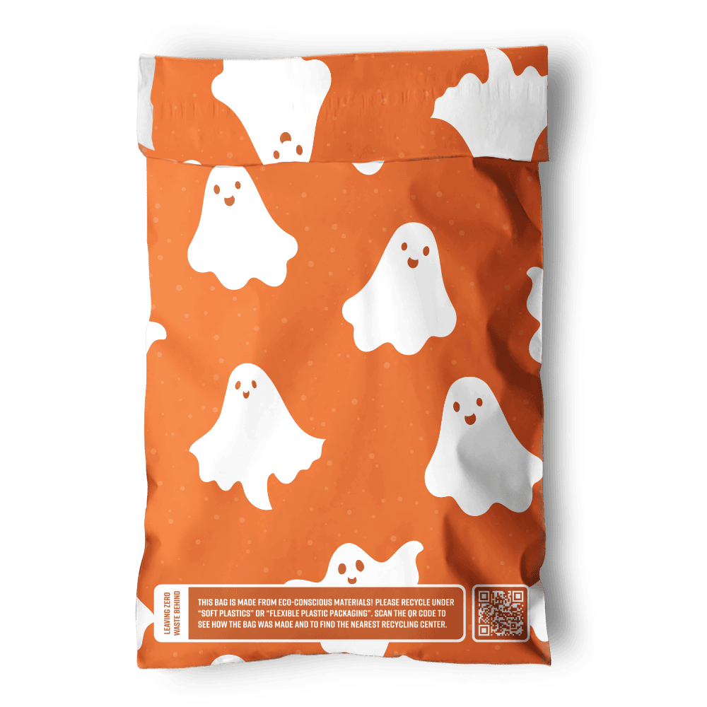 Limited-edition Halloween mailers featuring a Halloween Ghost Pumpkin Biodegradable Mailers 6" x 9" bag adorned with white ghosts, designed to be eco-friendly, from impack.co.
