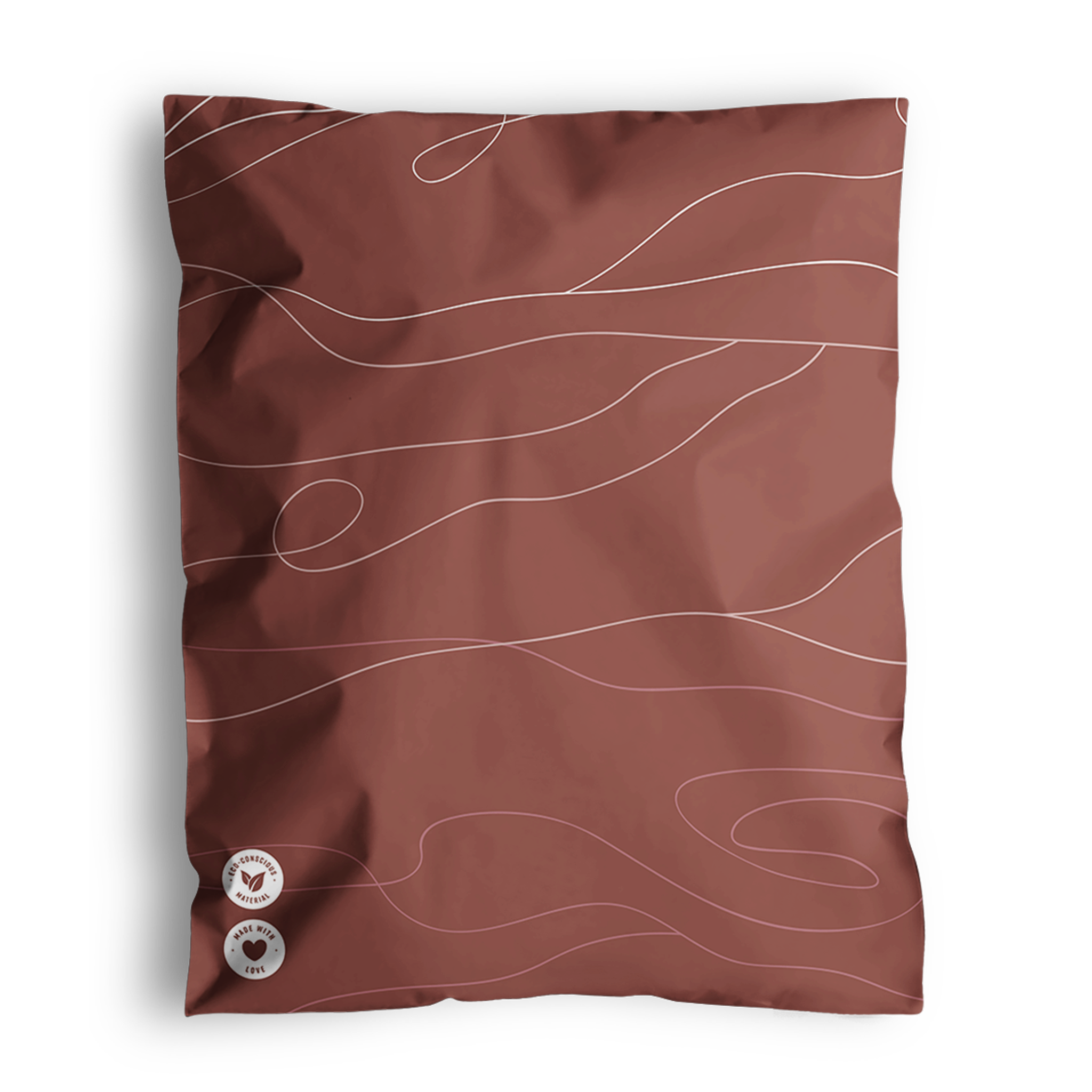 A brown pillowcase with wavy white lines and two small round patches at the bottom, reminiscent of the design on Tidal Terracotta Mailers 10" x 13" by impack.co.