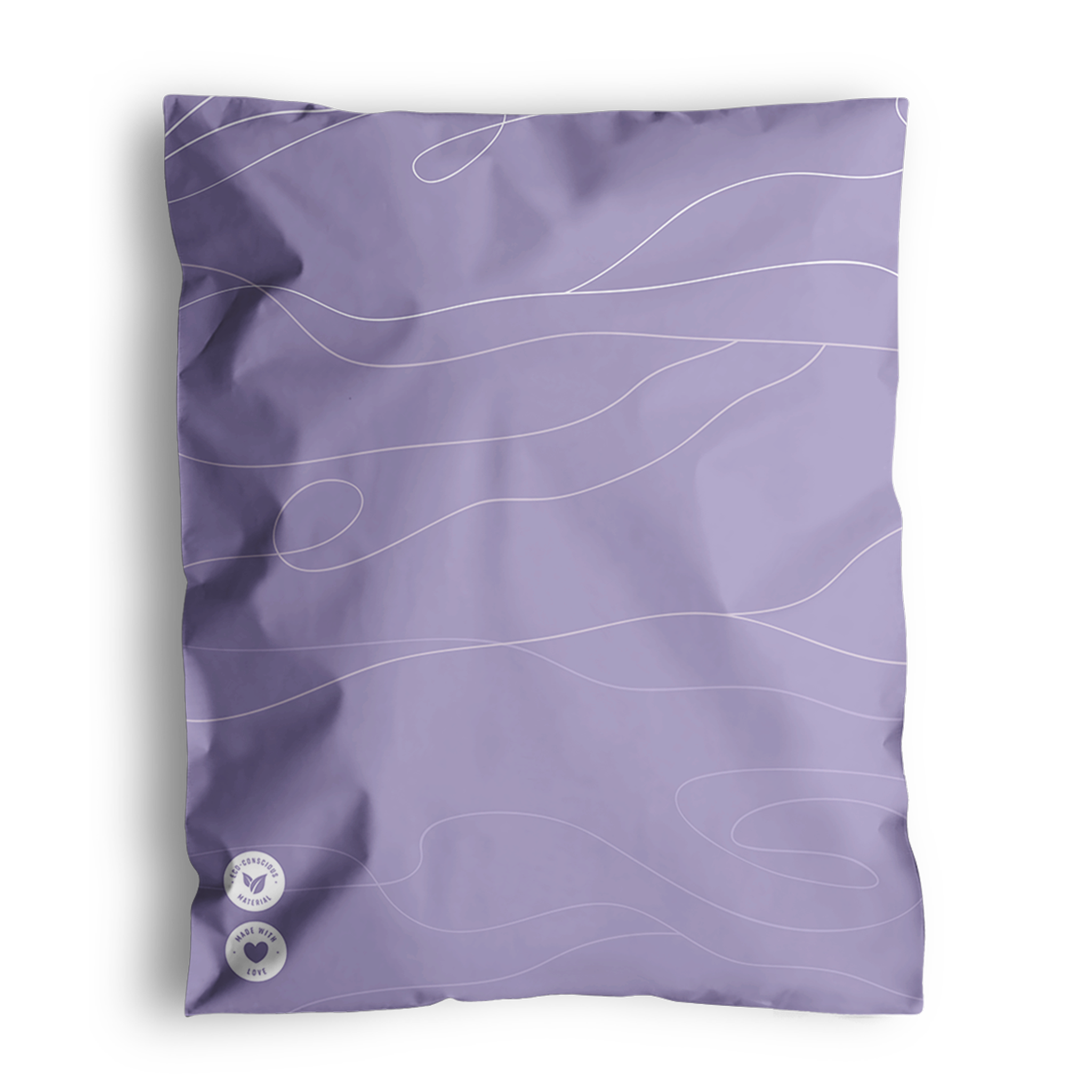 A crumpled lavender-colored resealable bag with white wavy lines and two white circular symbols near the bottom left corner provides a versatile packaging solution: the Tidal Lilac Mailers 10" x 13" by impack.co.