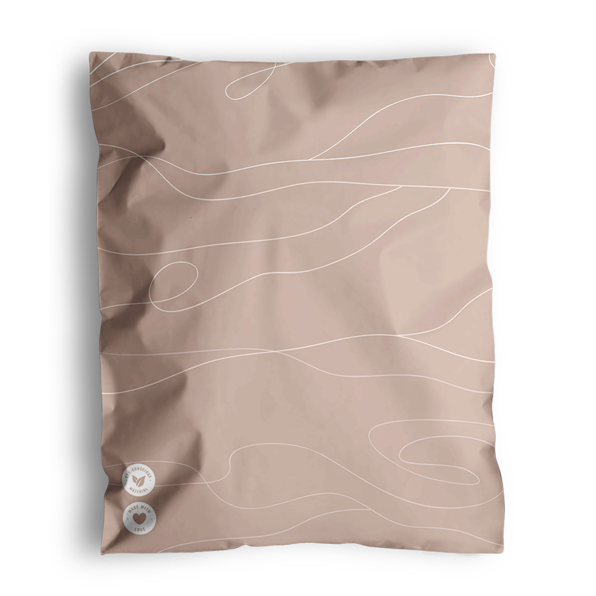 A crumpled, beige packaging bag with wavy white lines design and two white stickers at the bottom left corner showcases versatile packaging, offering both style and practicality. The product is Tidal Sand Mailers 10" x 13" from impack.co.