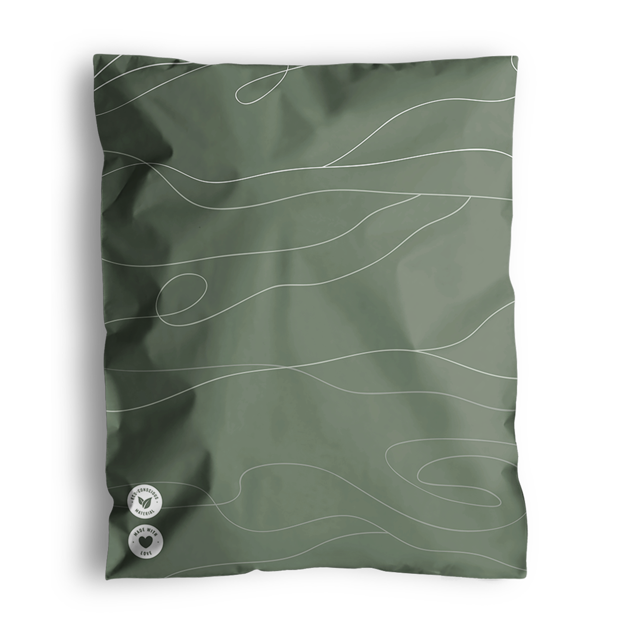 A green pillowcase with white wavy lines design. Two small round buttons with symbols are located at the bottom left corner, reminiscent of the careful detailing found in impack.co's Tidal Moss Mailers 10" x 13" used for medium-sized shipments.