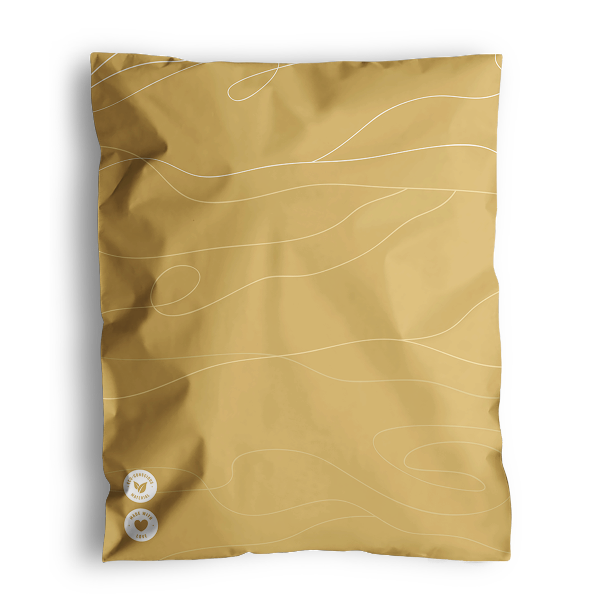 A crumpled yellow packaging bag with subtle white wavy lines and two round labels in the bottom left corner, offering versatile packaging options, Tidal Amber Mailers 10" x 13" by impack.co.