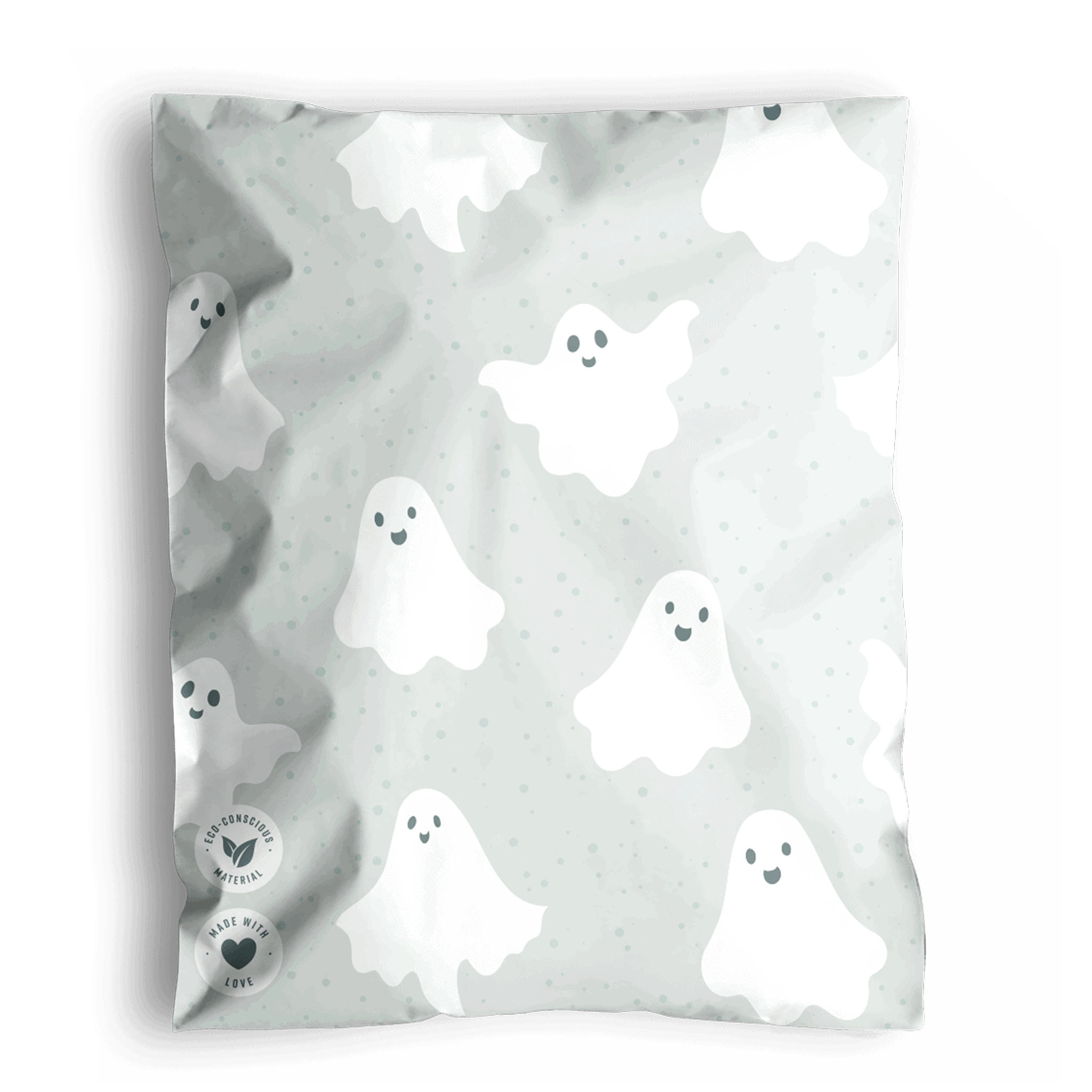 A Halloween Ghost Ivory Mailer 10" x 13" from impack.co, made from eco-friendly, biodegradable materials.