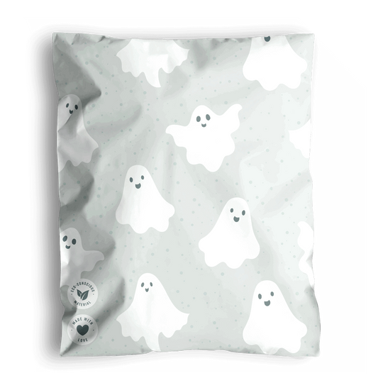 A Halloween Ghost Ivory Mailer 10" x 13" from impack.co, made from eco-friendly, biodegradable materials.