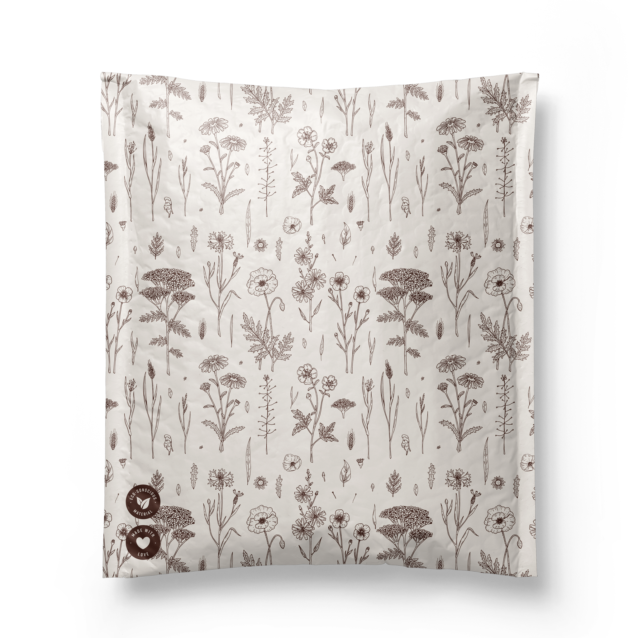 The Wildflower Biodegradable Bubble Mailers by impack.co measure 10" x 13" and feature a square fabric design with a beige background and repeating wildflower pattern. They offer eco-friendly protection with three certification logos in the bottom left corner, highlighting their sustainability commitment.