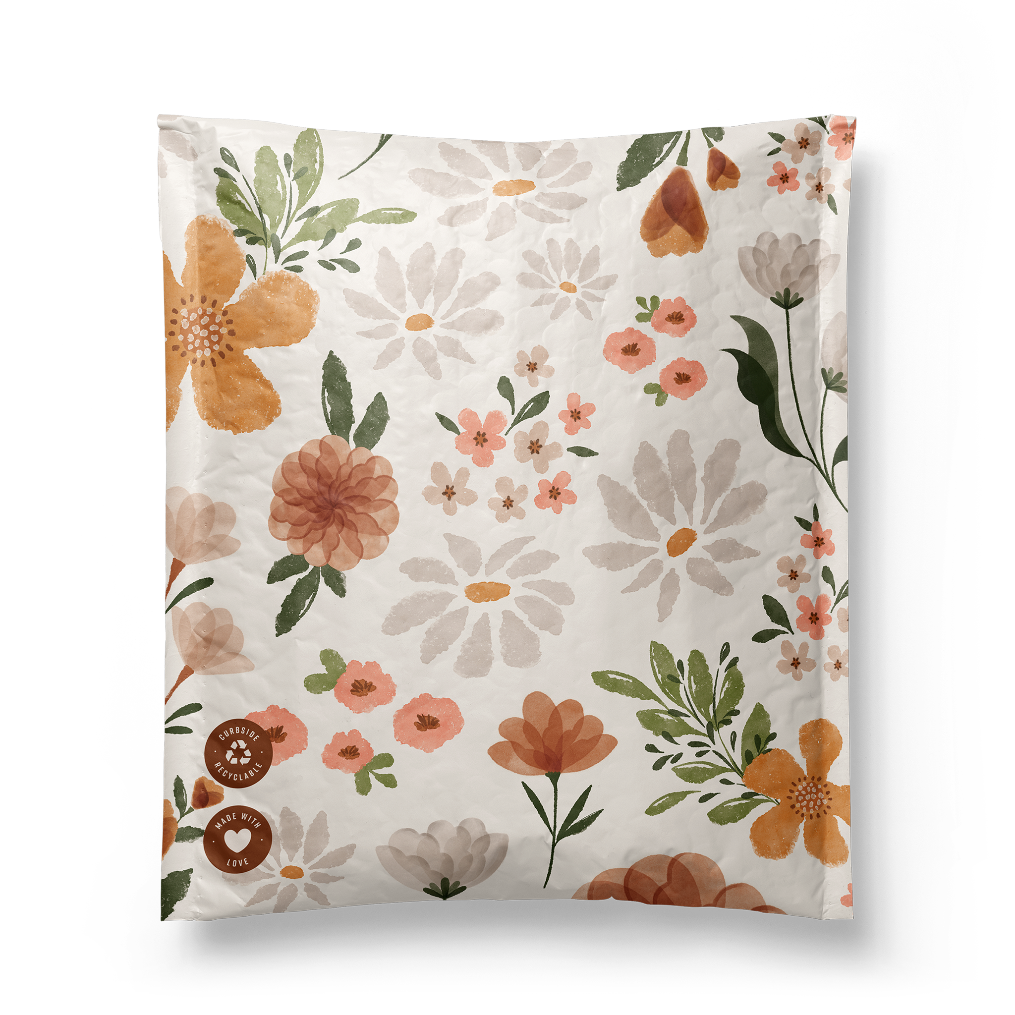 Floral pattern on a crinkled piece of impack.co with honeycomb padding.