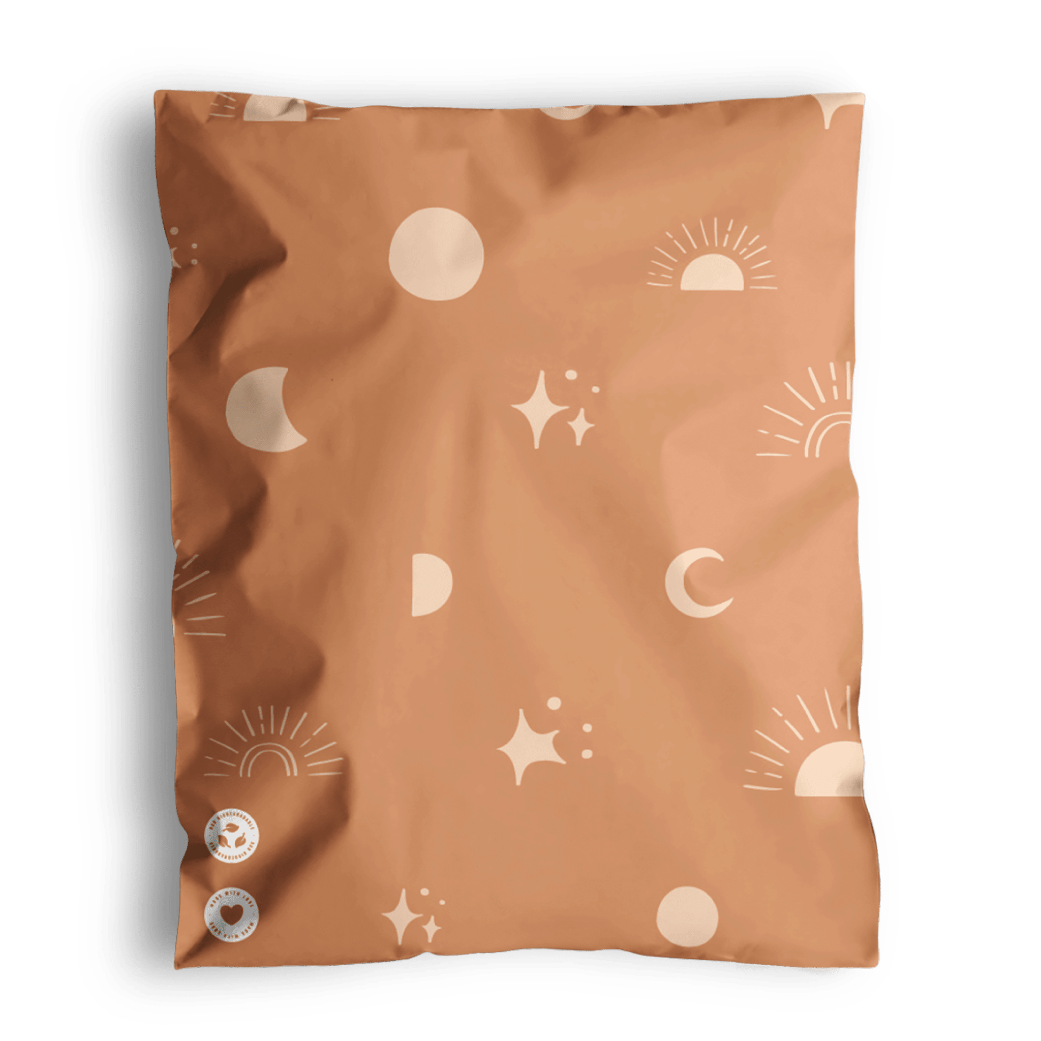 A patterned cushion with Celestial Tan Mailers 10" x 13" designs on a recyclable background from impack.co.