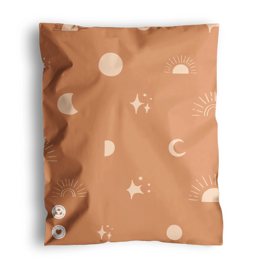 A patterned cushion with Celestial Tan Mailers 10" x 13" designs on a recyclable background from impack.co.