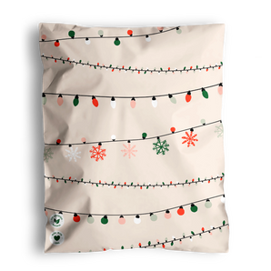 The impack.co SALE - Christmas Light Strings 50 packs bundle (14.5x19" & 10x13", US) features beige gift bags with festive Christmas light strings and red-green snowflakes for a cheerful holiday touch.