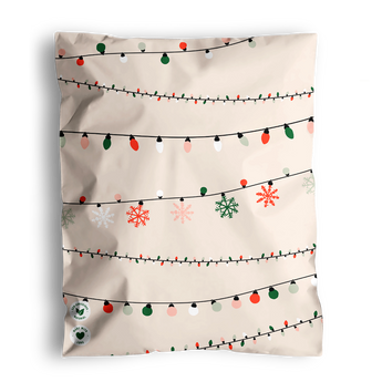 The impack.co SALE - Christmas Light Strings 50 packs bundle (14.5x19" & 10x13", US) features beige gift bags with festive Christmas light strings and red-green snowflakes for a cheerful holiday touch.