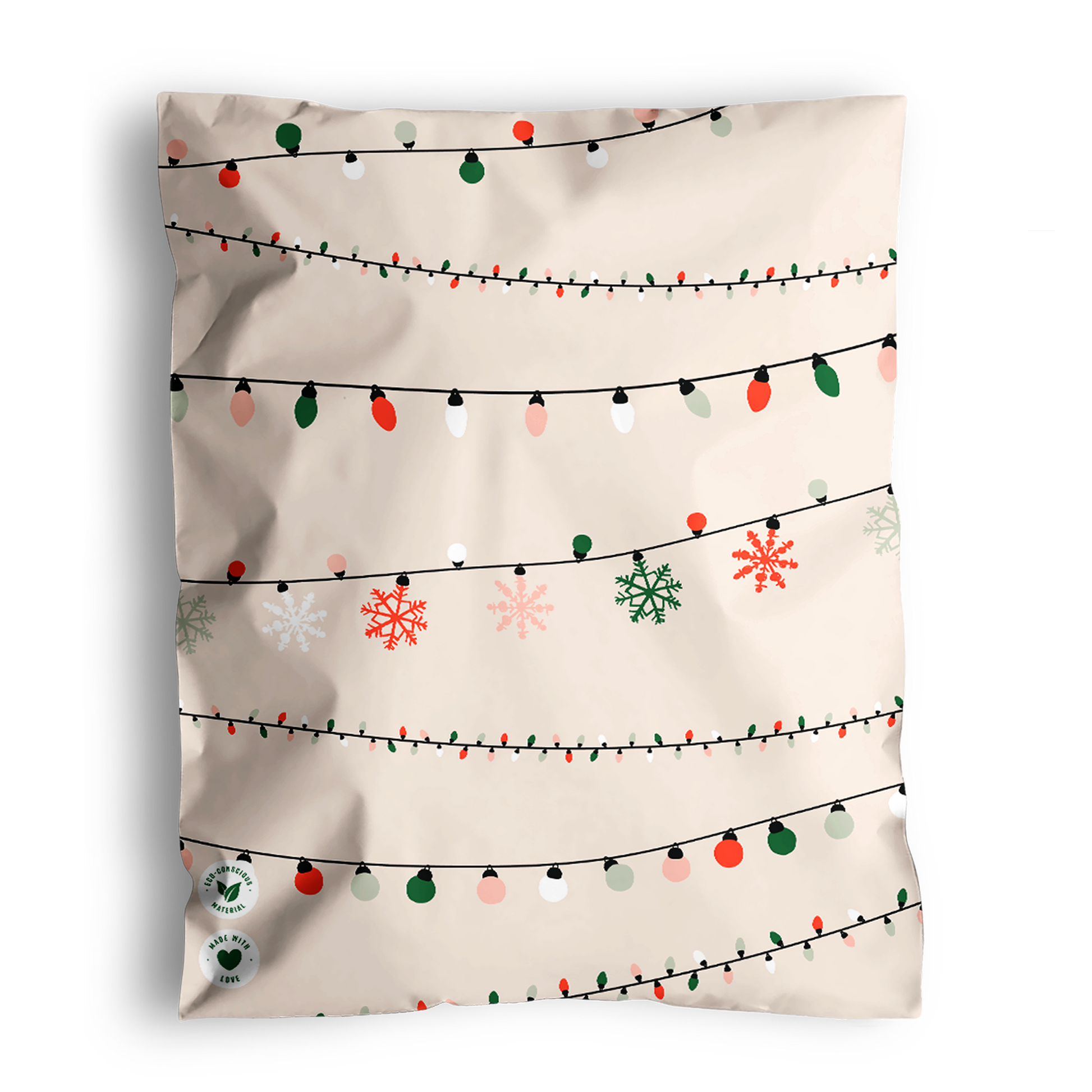 Holiday-themed bedding with impack.co Christmas Light Strings Biodegradable Mailers 10" x 13 Print and snowflake pattern.