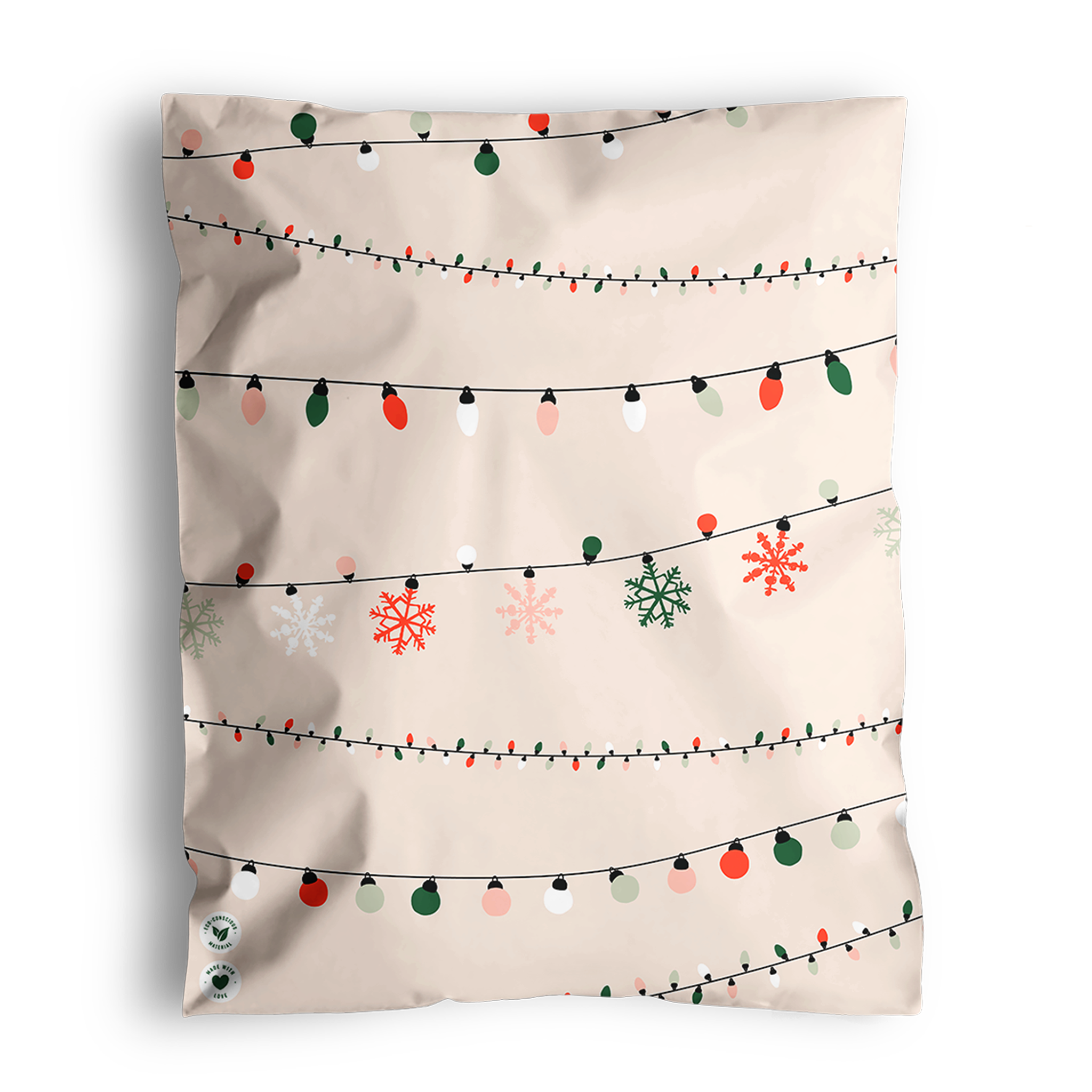 This biodegradable mailer by impack.co features festive red, green, and white snowflakes with colorful Christmas lights. Durable and eco-friendly, it’s a stylish choice for your holiday packaging needs.