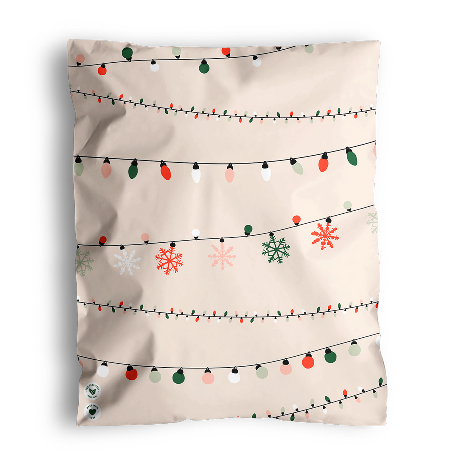 A festive cushion featuring a design of colorful impack.co Christmas Light Strings Biodegradable Mailers 14.5" x 19 and snowflakes on a beige background.