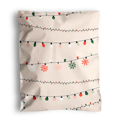 A festive cushion featuring a design of colorful impack.co Christmas Light Strings Biodegradable Mailers 14.5" x 19 and snowflakes on a beige background.
