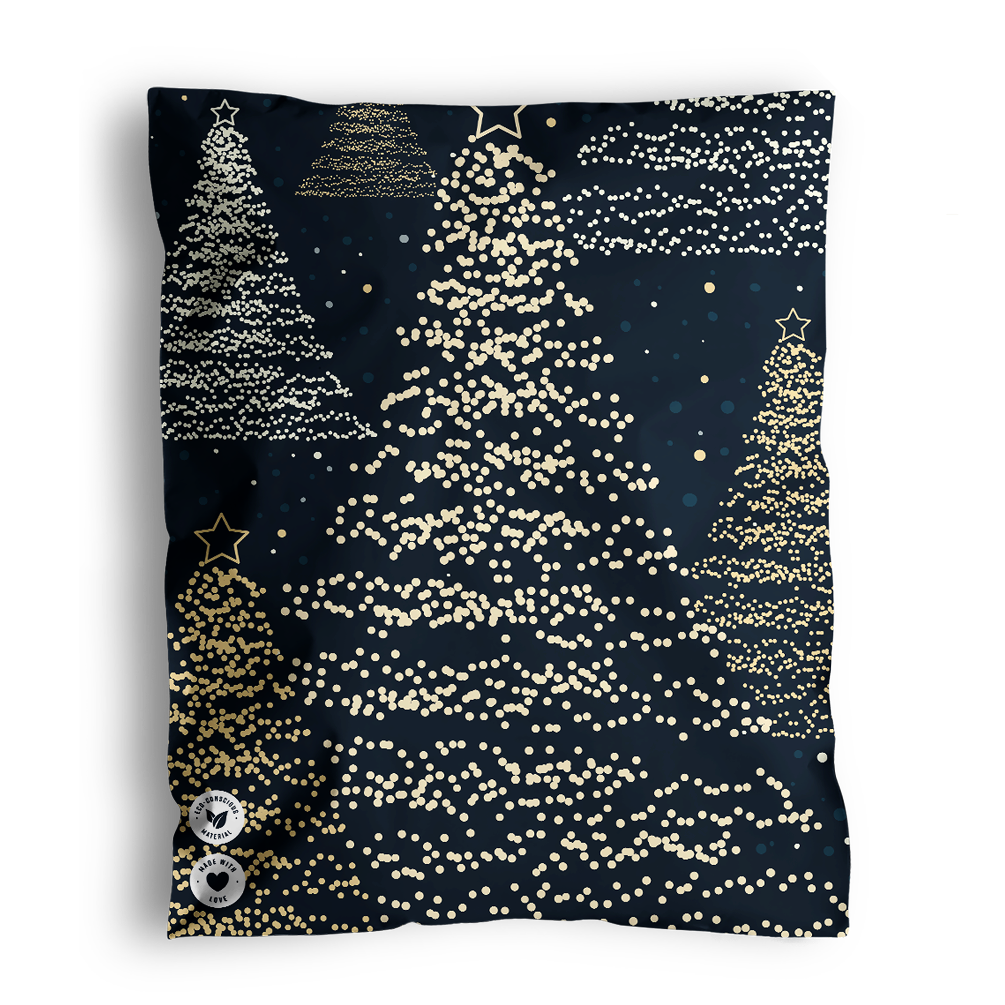 A festive holiday-themed print with stylized Christmas trees and eco-friendly Impack.co packaging patterns on a dark background.