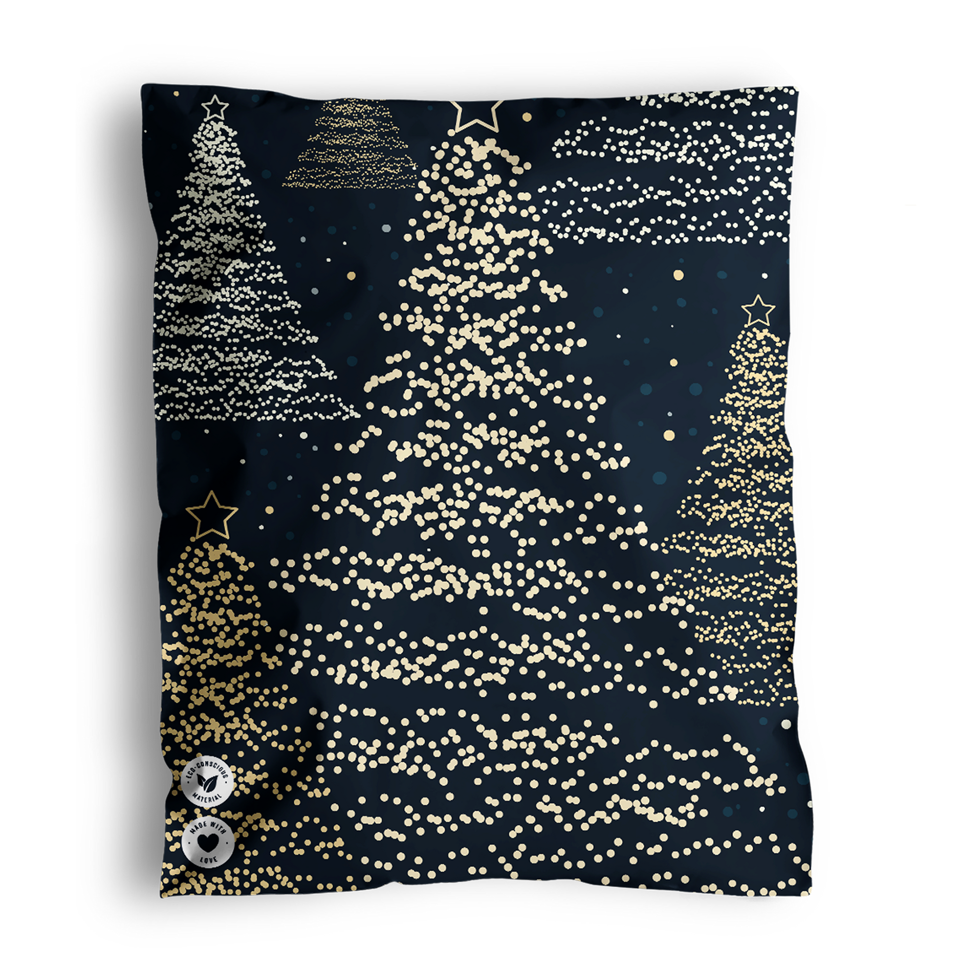 A festive holiday-themed print with stylized Christmas trees and eco-friendly Impack.co packaging patterns on a dark background.