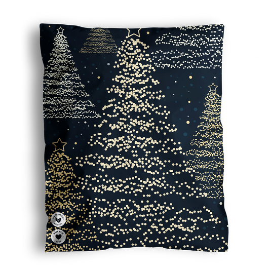 A festive holiday-themed print with stylized Christmas trees and eco-friendly Impack.co packaging patterns on a dark background.