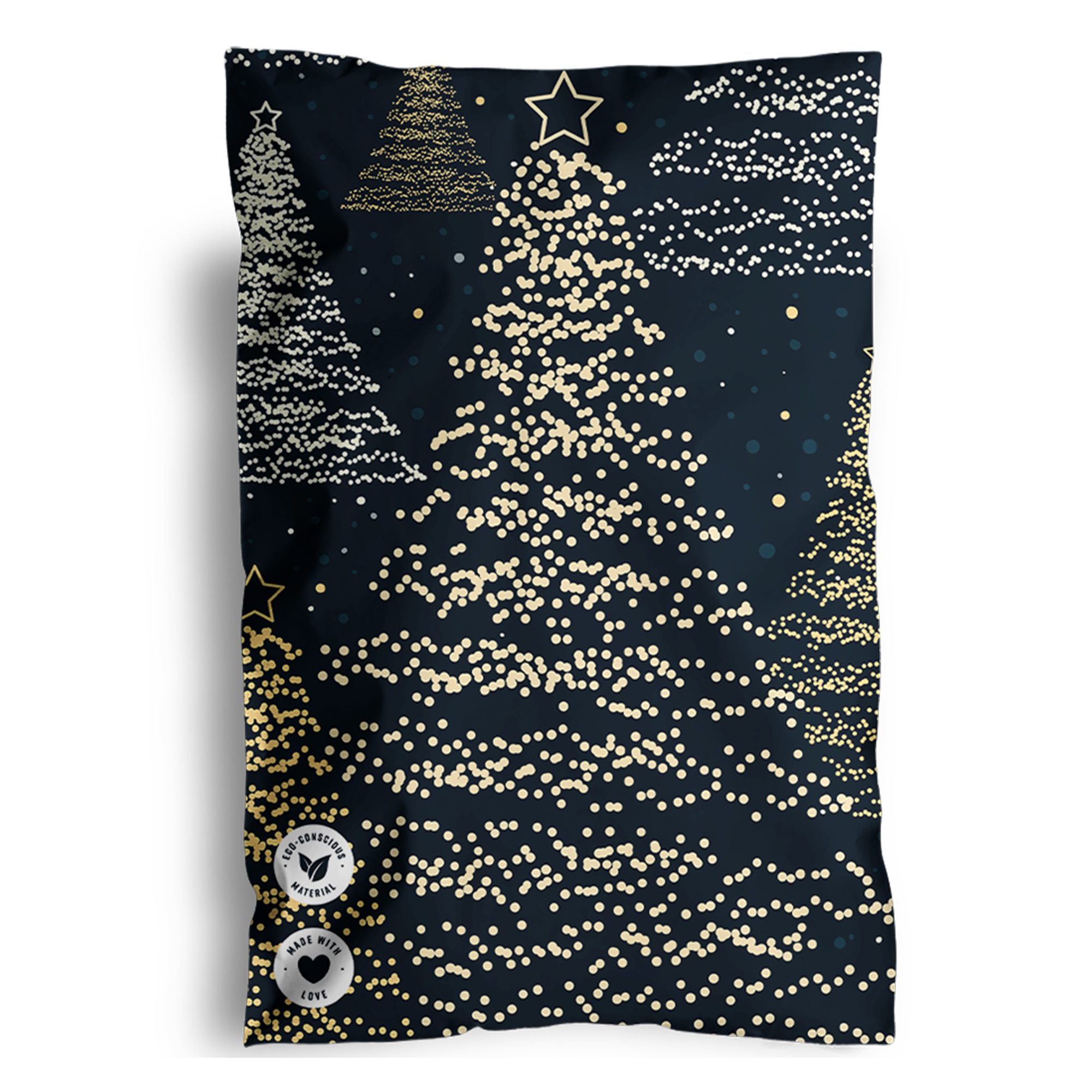 An elegant holiday shipping brochure with a torn edge, displaying a stylized impack.co Christmas Tree Biodegradable Mailers 6" x 9" design created from golden dots.