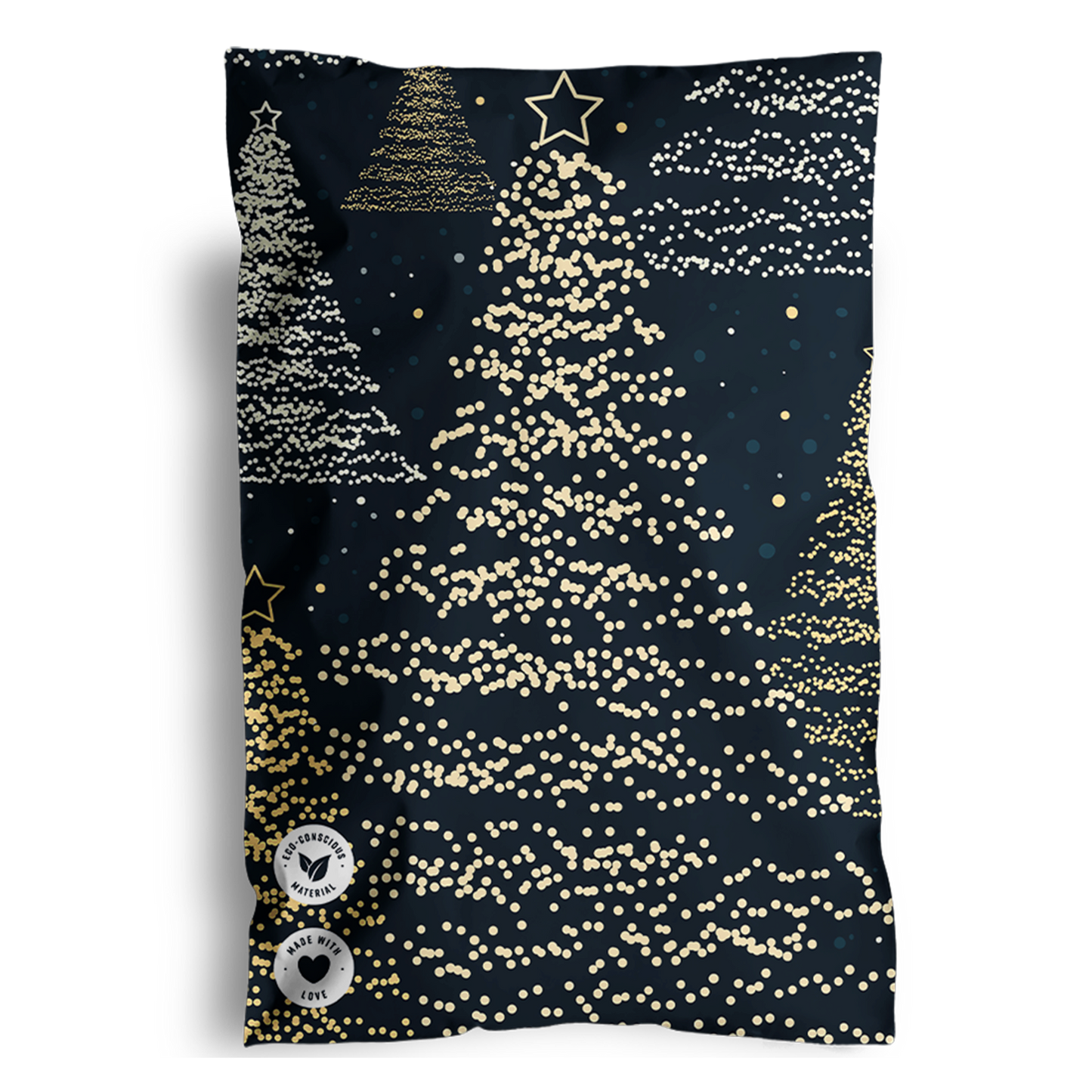 An elegant holiday shipping brochure with a torn edge, displaying a stylized impack.co Christmas Tree Biodegradable Mailers 6" x 9" design created from golden dots.