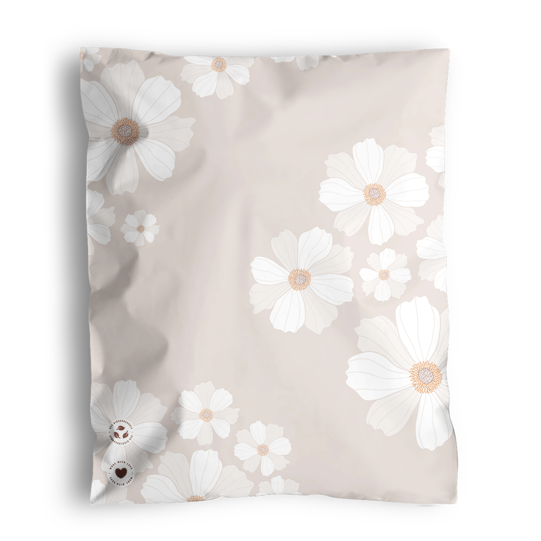 A square pillow with a floral pattern featuring white daisies on a light beige, recyclable background made by impack.co showcasing the Cosmos Biodegradable Mailers 10" x 13".