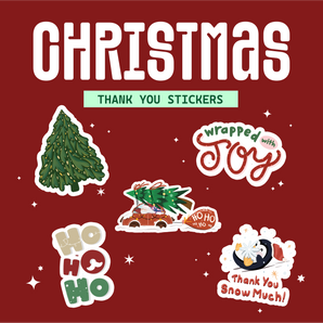 Impack.co Christmas Thank You Stickers feature festive designs like a tree, car with tree, penguin, and phrases such as "Wrapped with Joy," "HO HO HO," and "Thank You Snow Much!"—ideal for holiday gift wrapping.