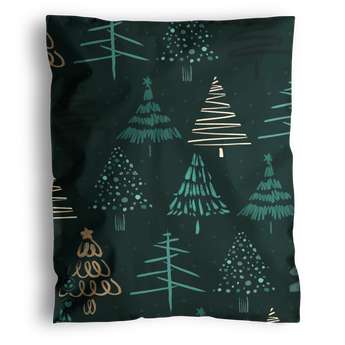 The impack.co Pine Forest Mailers 12" x 15.5" feature a dark green design with stylized Christmas trees in green and beige, and are delivered in eco-friendly or biodegradable packaging for a sustainable holiday touch.