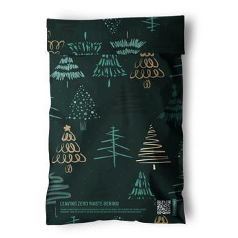 The Pine Forest Mailers 6" x 9" by impack.co feature dark green biodegradable material, gold and teal Christmas tree designs, "Leaving Zero Waste Behind" text, and a QR code—ideal for eco-friendly festive shipping.