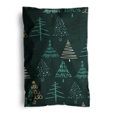 The impack.co Pine Forest Mailers 6" x 9" feature a stylized Christmas tree pattern in teal, gold, and white on dark green, and are shipped in biodegradable mailers for an eco-friendly touch.
