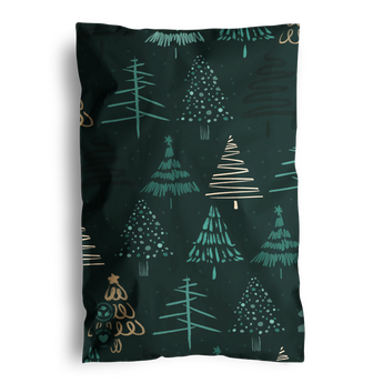 The impack.co Pine Forest Mailers 6" x 9" feature a stylized Christmas tree pattern in teal, gold, and white on dark green, and are shipped in biodegradable mailers for an eco-friendly touch.