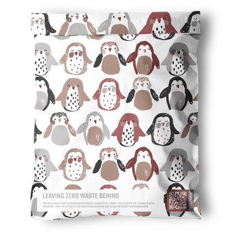 The impack.co Penguins Mailers 14.5" x 19" are recyclable, biodegradable shipping bags with a cute penguin design and "Leaving Zero Waste Behind"—ideal for eco-conscious brands seeking stylish, sustainable packaging.