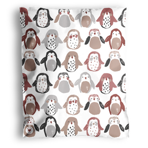 The impack.co Penguins Mailers 14.5" x 19" feature a playful penguin pattern in brown, gray, black, and white on white, shipped in compact packaging for an eco-friendly choice.