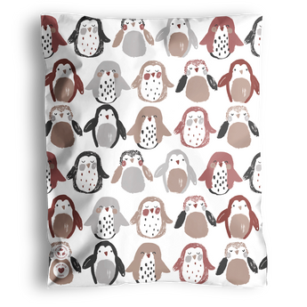 The impack.co Penguins Mailers 14.5" x 19" feature a playful penguin pattern in brown, gray, black, and white on white, shipped in compact packaging for an eco-friendly choice.