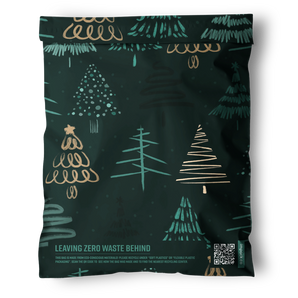 The Pine Forest Mailers 10" x 13" by impack.co feature dark green, hand-drawn Christmas tree designs and "Leaving Zero Waste Behind" printed at the bottom—an ideal eco-friendly packaging for your holiday mailers.