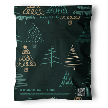 The Pine Forest Mailers 10" x 13" by impack.co feature dark green, hand-drawn Christmas tree designs and "Leaving Zero Waste Behind" printed at the bottom—an ideal eco-friendly packaging for your holiday mailers.