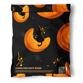 Impack.co’s Halloween Pumpkitties Mailers (14.5" x 19") feature black packaging with orange crescent moons and black cat silhouettes, plus “Leaving Zero Waste Behind” and a QR code with recycling instructions—perfect for eco-friendly Halloween shipping.