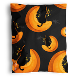 The impack.co Halloween Pumpkitties Mailers 14.5" x 19" feature black cats in witch hats on crescent moons with stars, creating a festive repeating pattern perfect for Halloween packaging or shipping bags.