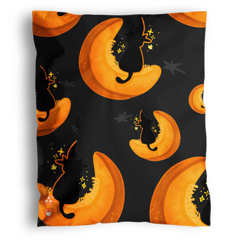 The impack.co Halloween Pumpkitties Mailers 14.5" x 19" feature black cats in witch hats on crescent moons with stars, creating a festive repeating pattern perfect for Halloween packaging or shipping bags.