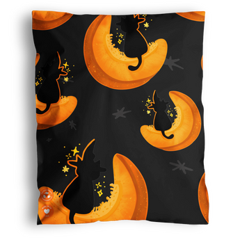 Impack.co’s Halloween Pumpkitties Mailers 19" x 24" feature black cat silhouettes in wizard hats on orange pumpkins with starry backgrounds—ideal for festive, eco-friendly shipping and Halloween packaging.