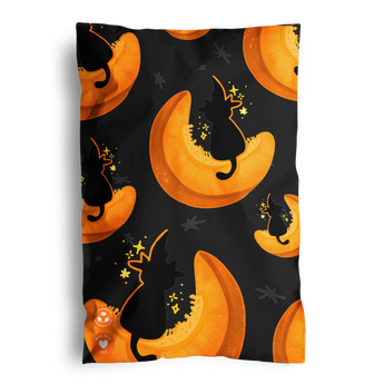 Impack.co’s Halloween Pumpkitties Mailers (6" x 9") feature black cats in hats on orange crescent moons with star accents on a black background—perfect for cozy, eco-friendly Halloween gifting!.