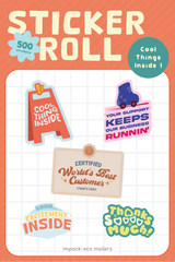 The Sticker Roll - Assorted Designs by impack.co features recyclable paper stickers with positive messages like "Cool thing inside" and "Thanks so much!" in colorful packaging on an orange grid background.