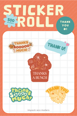Sticker Roll - Assorted Designs by impack.co features five colorful 'thank you' recyclable paper stickers (500 count), a grid background, and eco-friendly messaging at the bottom.