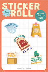 The impack.co Sticker Roll - Assorted Designs features six recyclable paper stickers with phrases like "Thank You" and "Small Batch Magic," adding a thoughtful, eco-friendly touch to your packages.