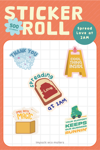 The impack.co Sticker Roll - Assorted Designs features six recyclable paper stickers with phrases like "Thank You" and "Small Batch Magic," adding a thoughtful, eco-friendly touch to your packages.