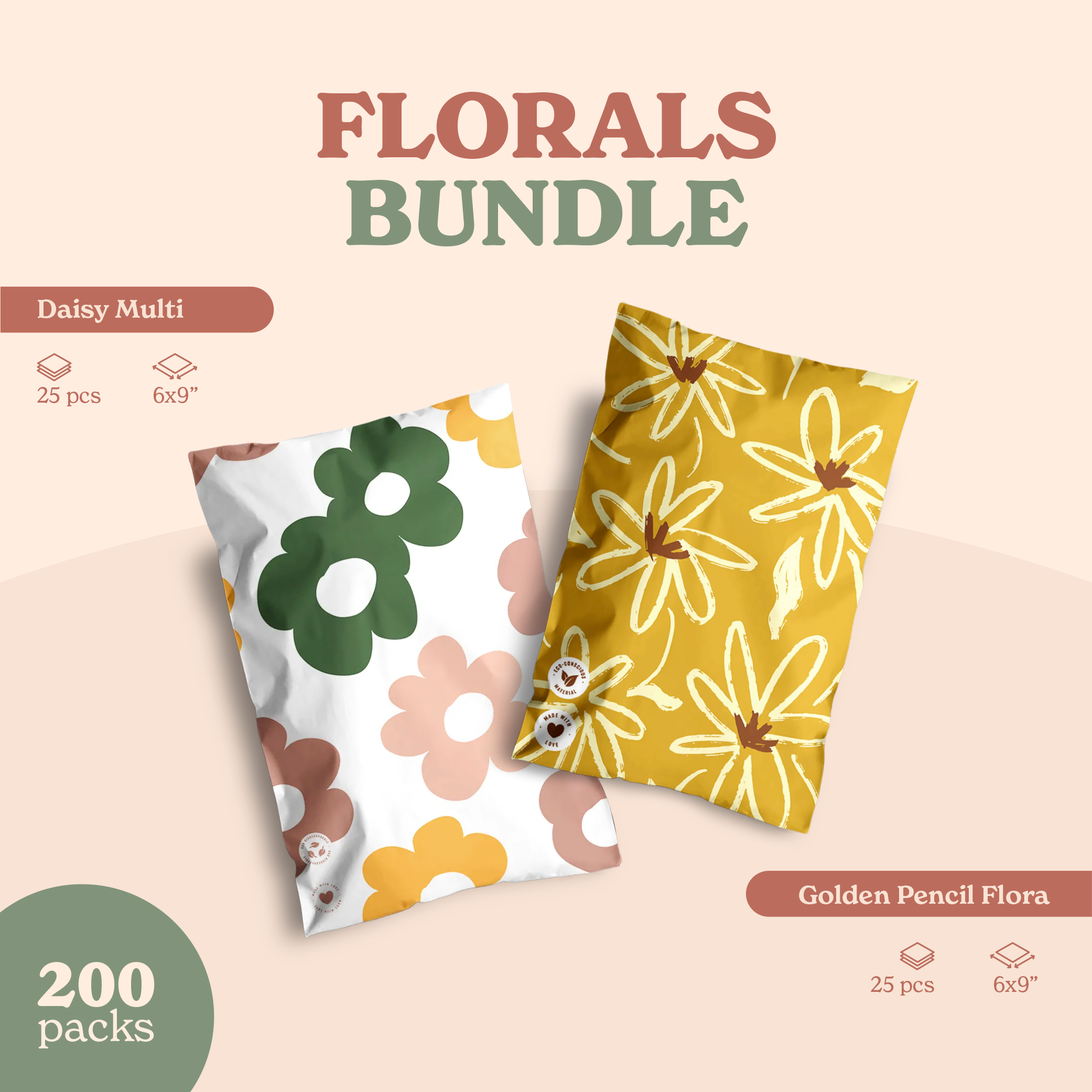 The Fast Bundle's Daisy Multi + Golden bundle, featuring two floral patterned pillowcases, is elegantly displayed on a pastel background. The display highlights 200 packs containing 25 pieces each, sized at 6x9 inches.